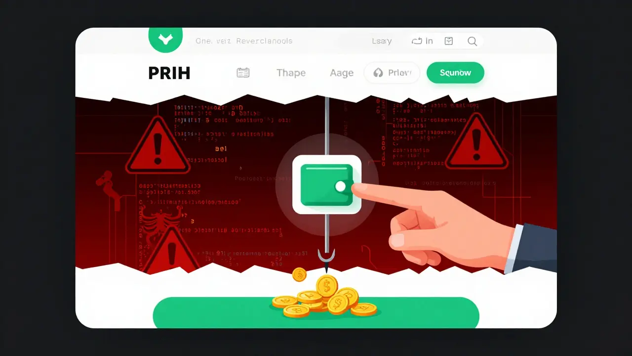 Phishing website trap draining wallet funds depicted as a technical schematic diagram.