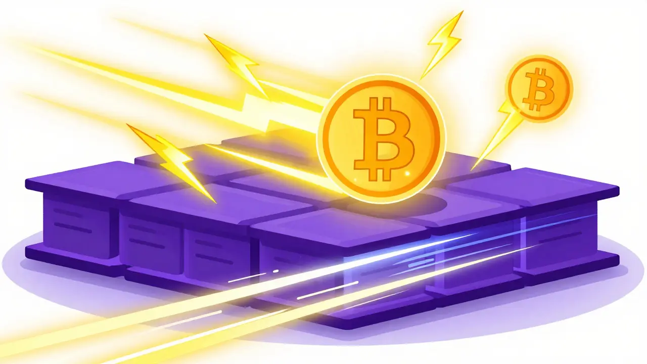 Schematic cartoon showing fast Bitcoin Lightning Network transactions
