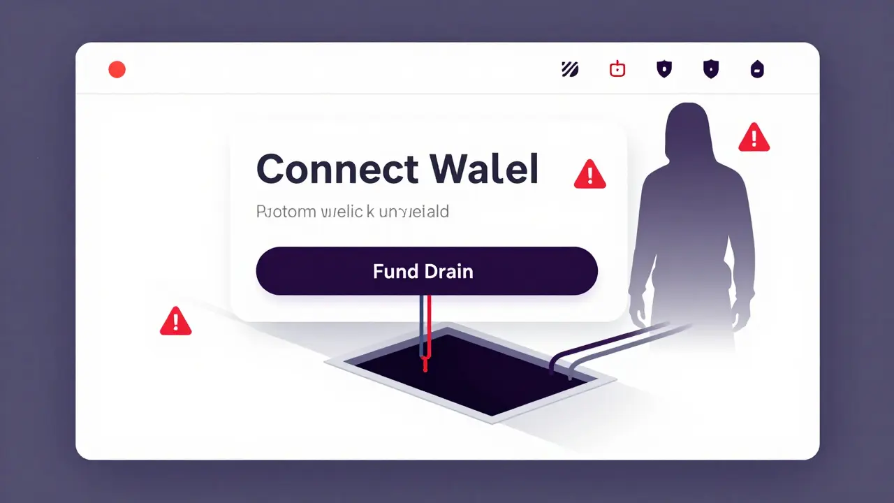 Schematic diagram revealing hidden traps behind a fake wallet connection button in a phishing site.