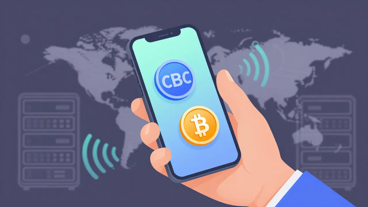 Schematic drawing of a smartphone displaying both CBDC and crypto icons, symbolizing hybrid finance.