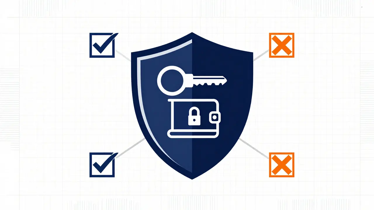 Security shield blueprint illustrating safe crypto wallet practices and scam prevention.