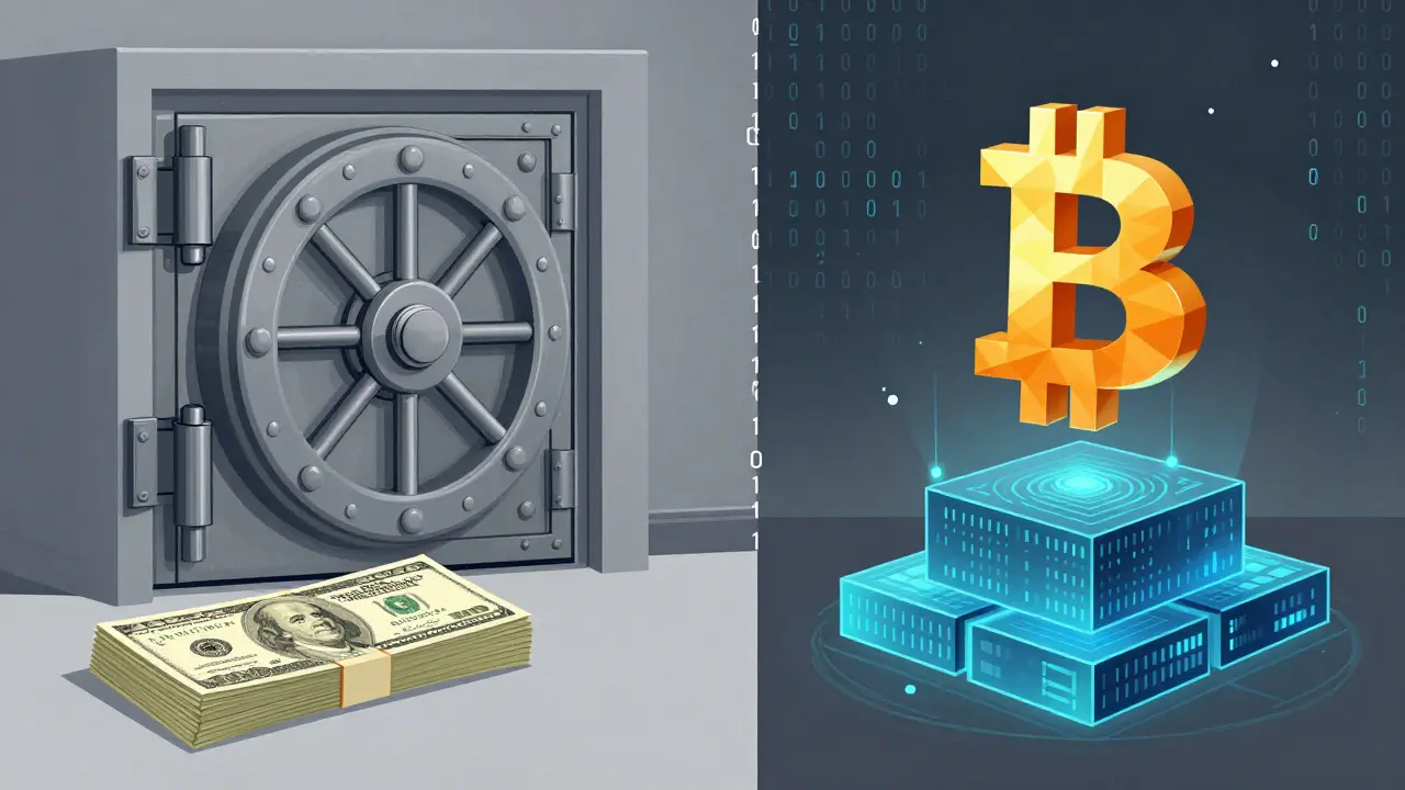 Split illustration comparing physical cash and bank vaults on one side with Bitcoin and blockchain on the other.