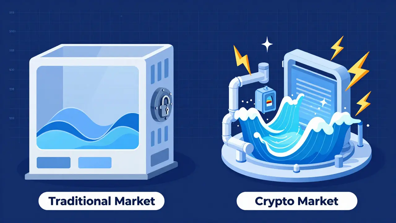 Technical diagram comparing stable traditional markets to volatile crypto