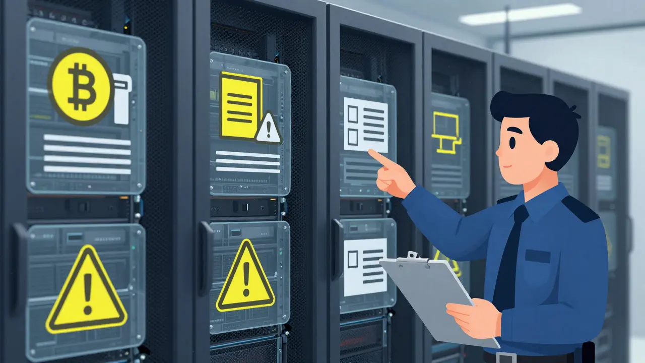 Technical drawing of data center servers under regulatory inspection with compliance icons and warning symbols.