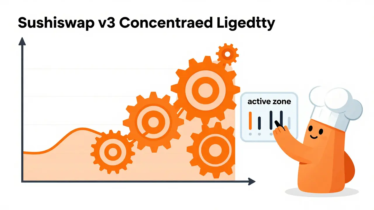 Technical drawing of SushiSwap v3 concentrated liquidity mechanics with focused capital zones.