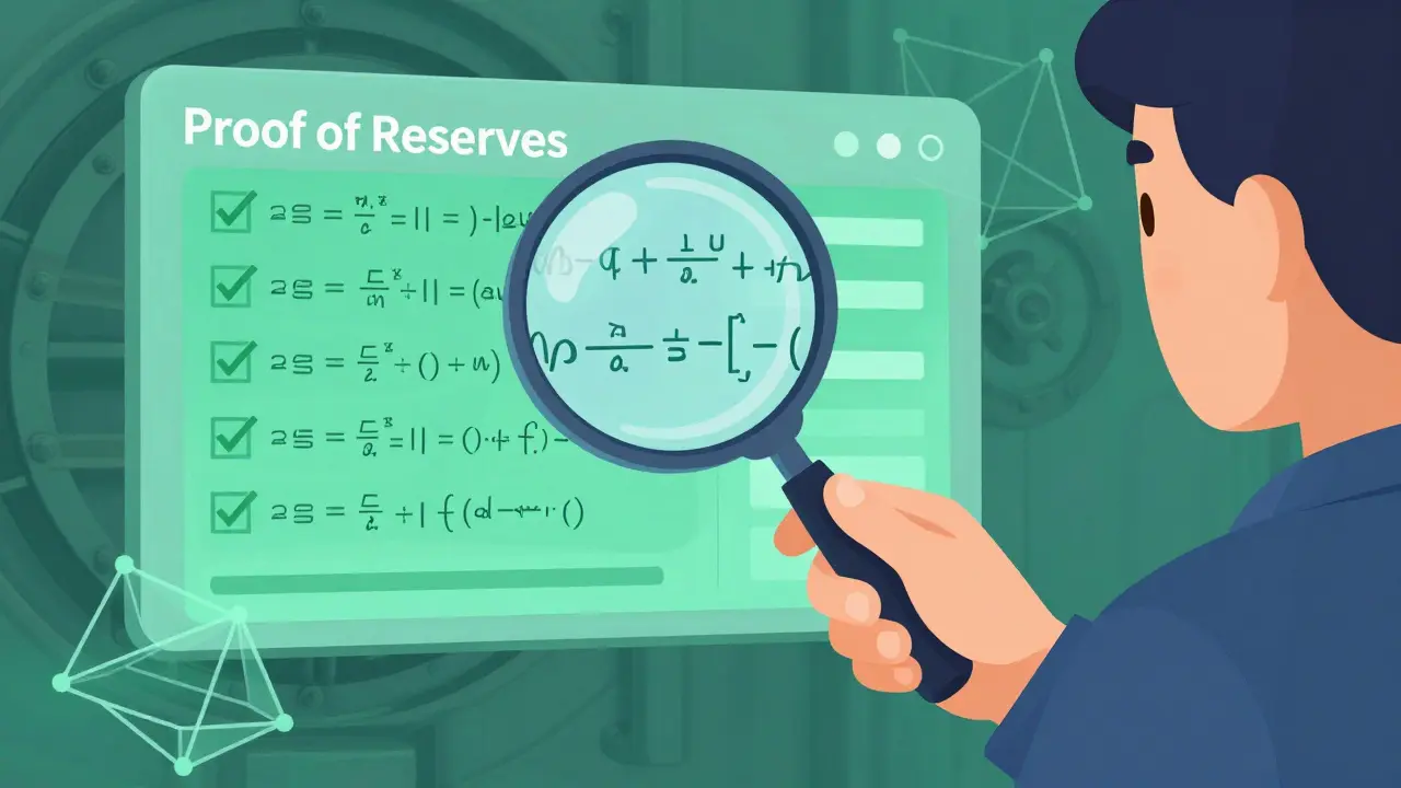 Visual of proof of reserves with a magnifying glass verifying asset backing.