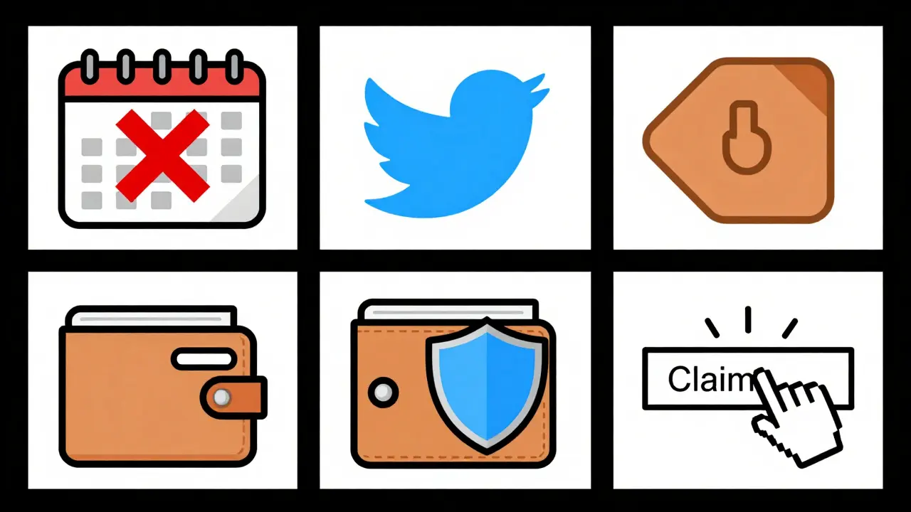 A four-panel technical cartoon guide illustrating how to verify sources, avoid seed phrase theft, and identify fake claim buttons in crypto scams.