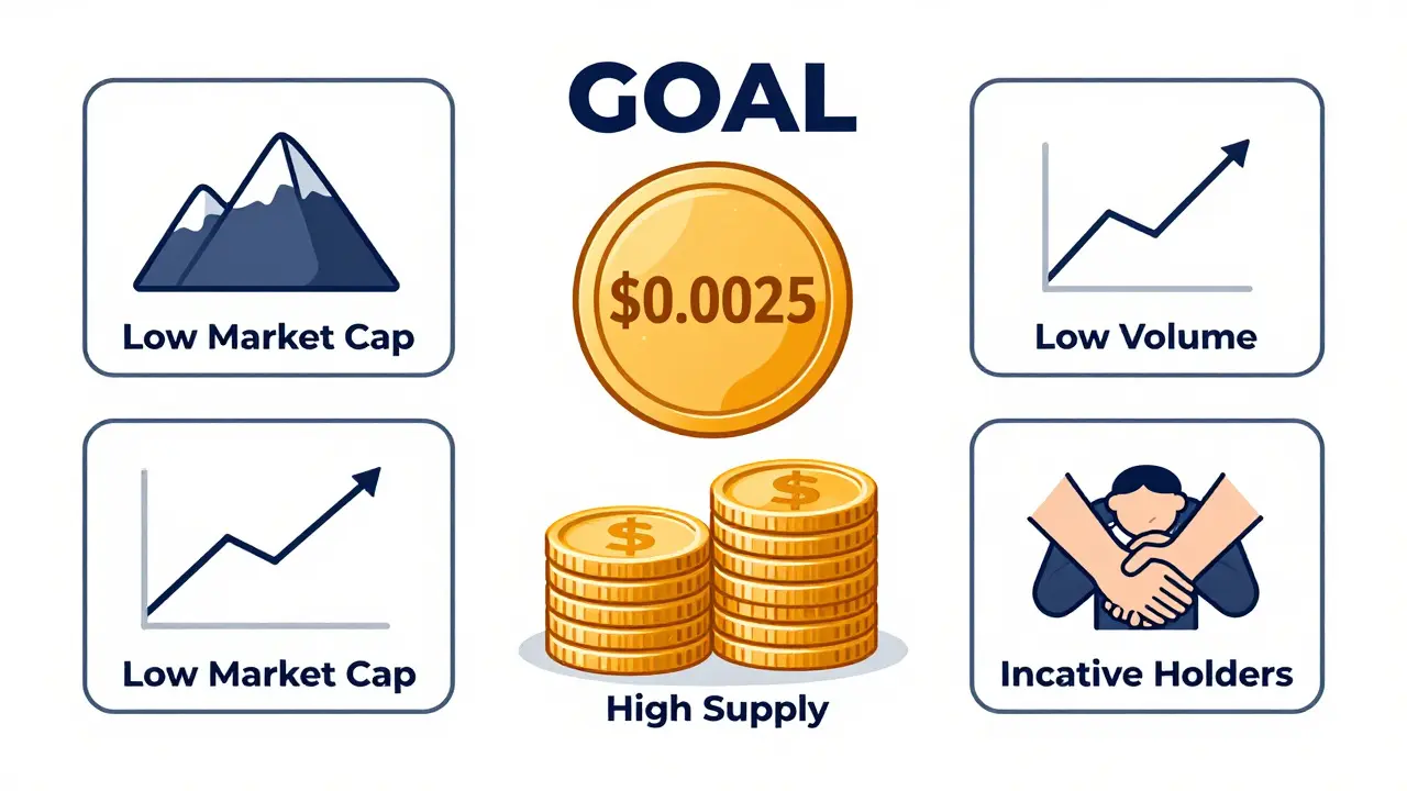 An infographic-style cartoon illustration breaking down the low price, low volume, and high supply metrics of the GOAL cryptocurrency token.