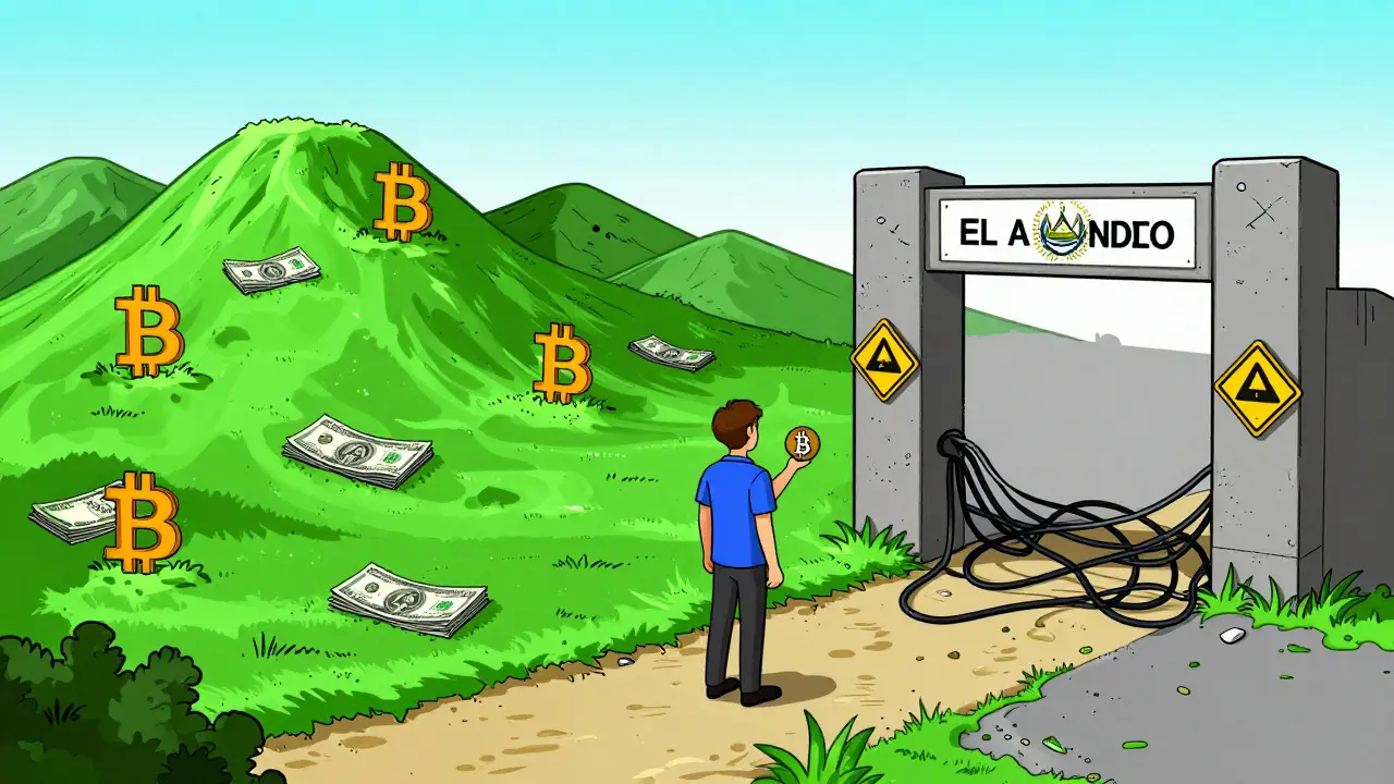 Cartoon showing El Salvador's Bitcoin adoption versus banking access challenges