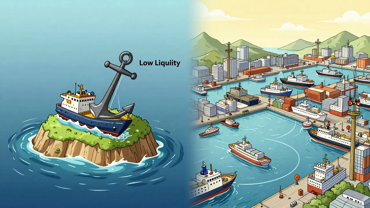 Comparison graphic illustrating low liquidity vs high volume markets