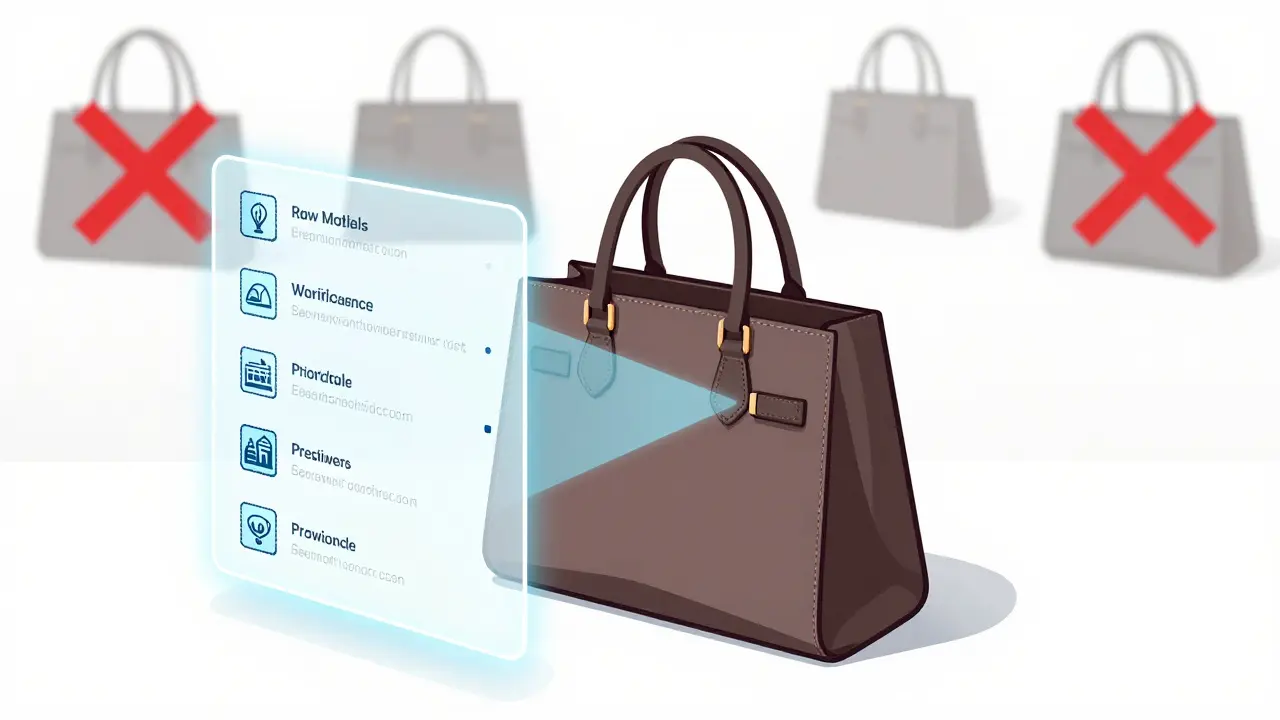 Diagram of luxury bag verification using blockchain passport