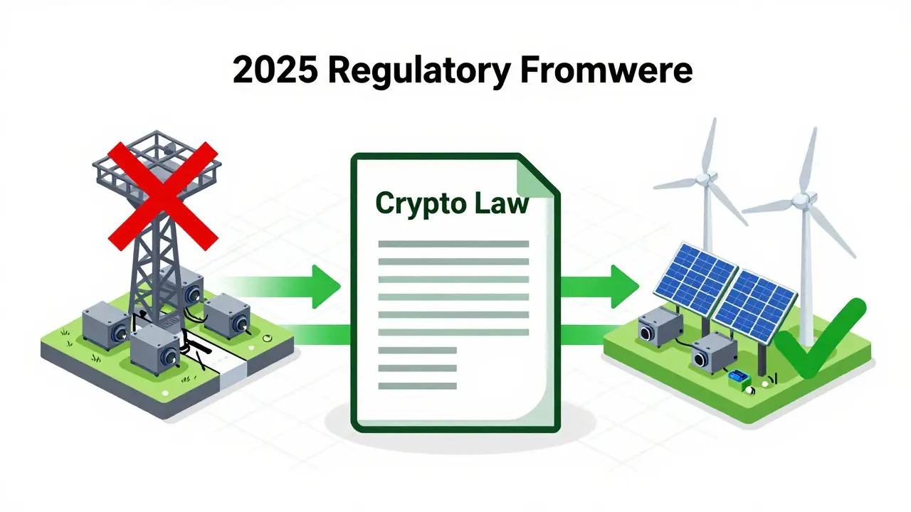 Diagram showing legal off-grid crypto mining vs banned public grid usage in Kosovo