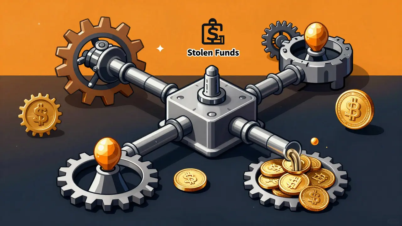 Diagrammatic cartoon showing crypto laundering through mixers and cross-chain bridges.