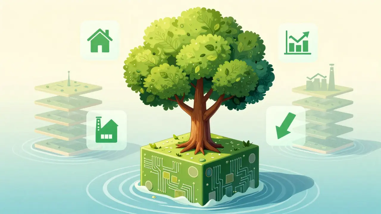 Green tree growing from a blockchain block, symbolizing eco-friendly scalability.