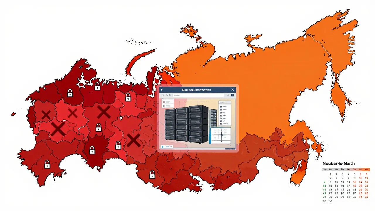 Illustrated map showing regional crypto mining bans in Russia