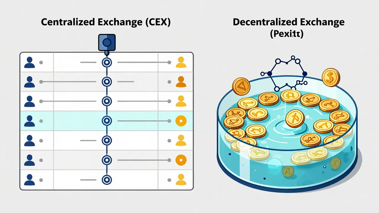 Illustration contrasting centralized exchange order books with DEX pools