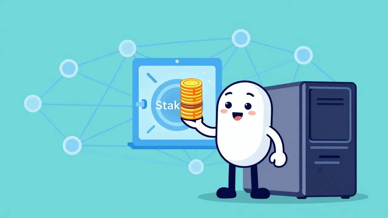 Illustration of a user staking coins on a standard PC, highlighting low barriers to entry.