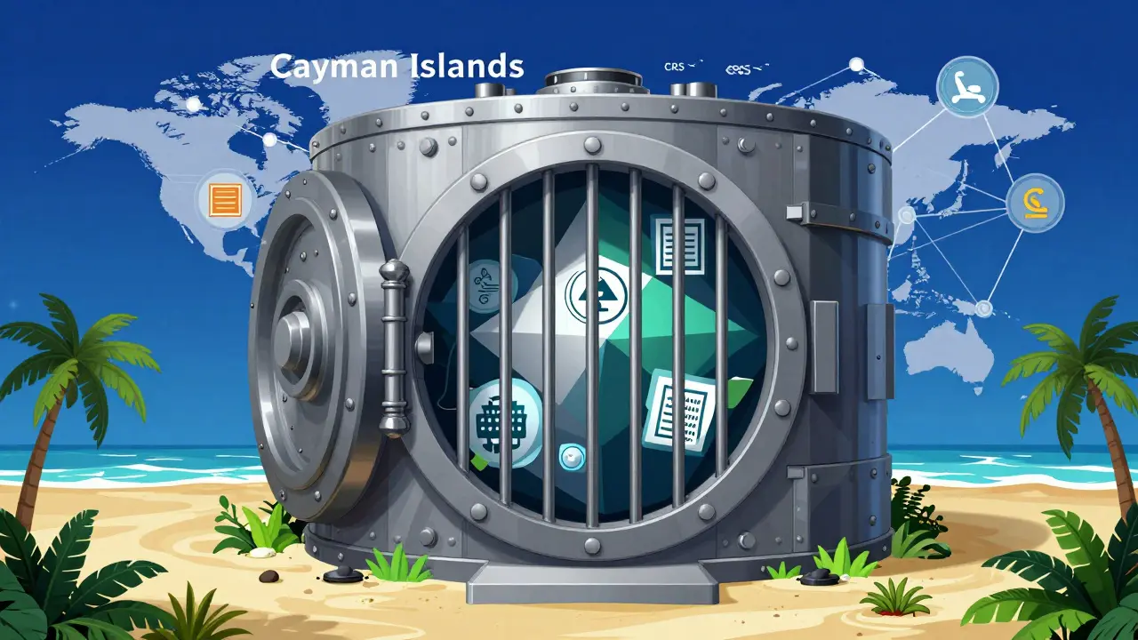 Illustration of Cayman Islands as a secure vault for crypto funds and legal structures