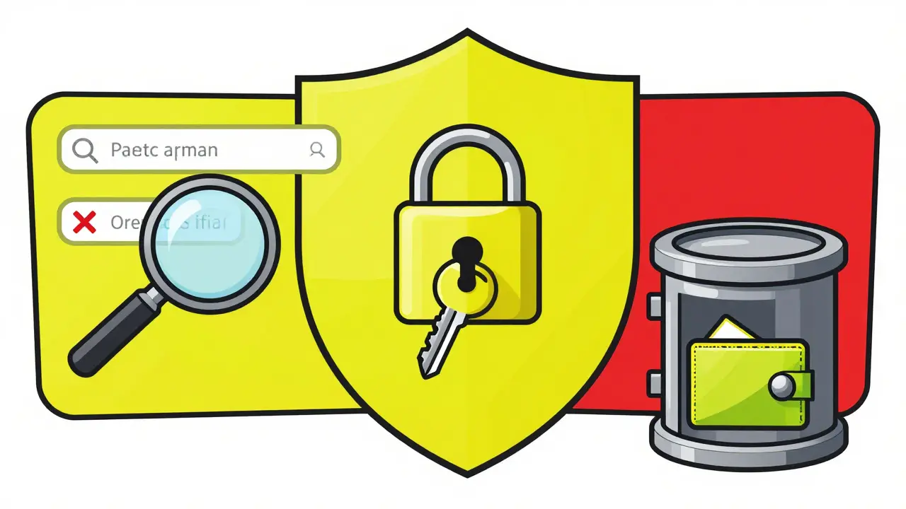 Illustration of crypto security checks including URL verification and wallet safety