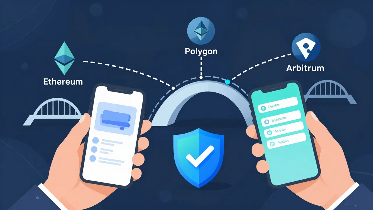Illustration of DeFi infrastructure with wallets, bridges, and security shields