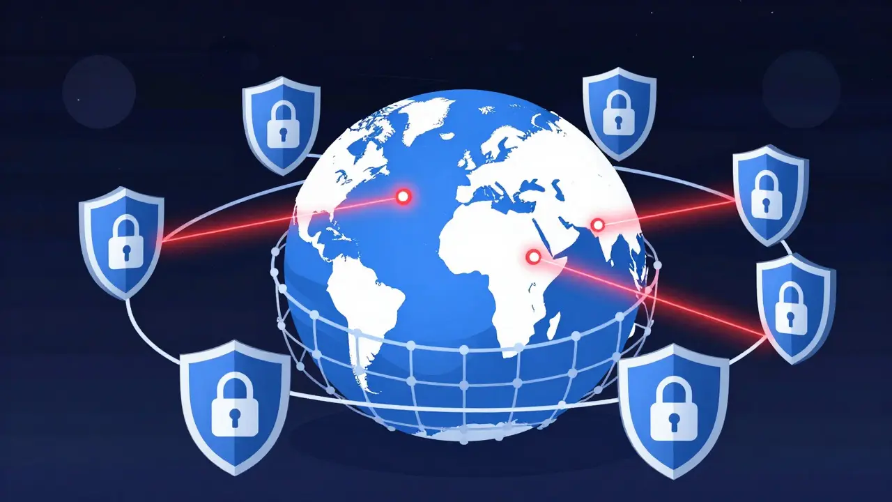 Illustration of global security shields and scanners blocking illicit crypto transactions.