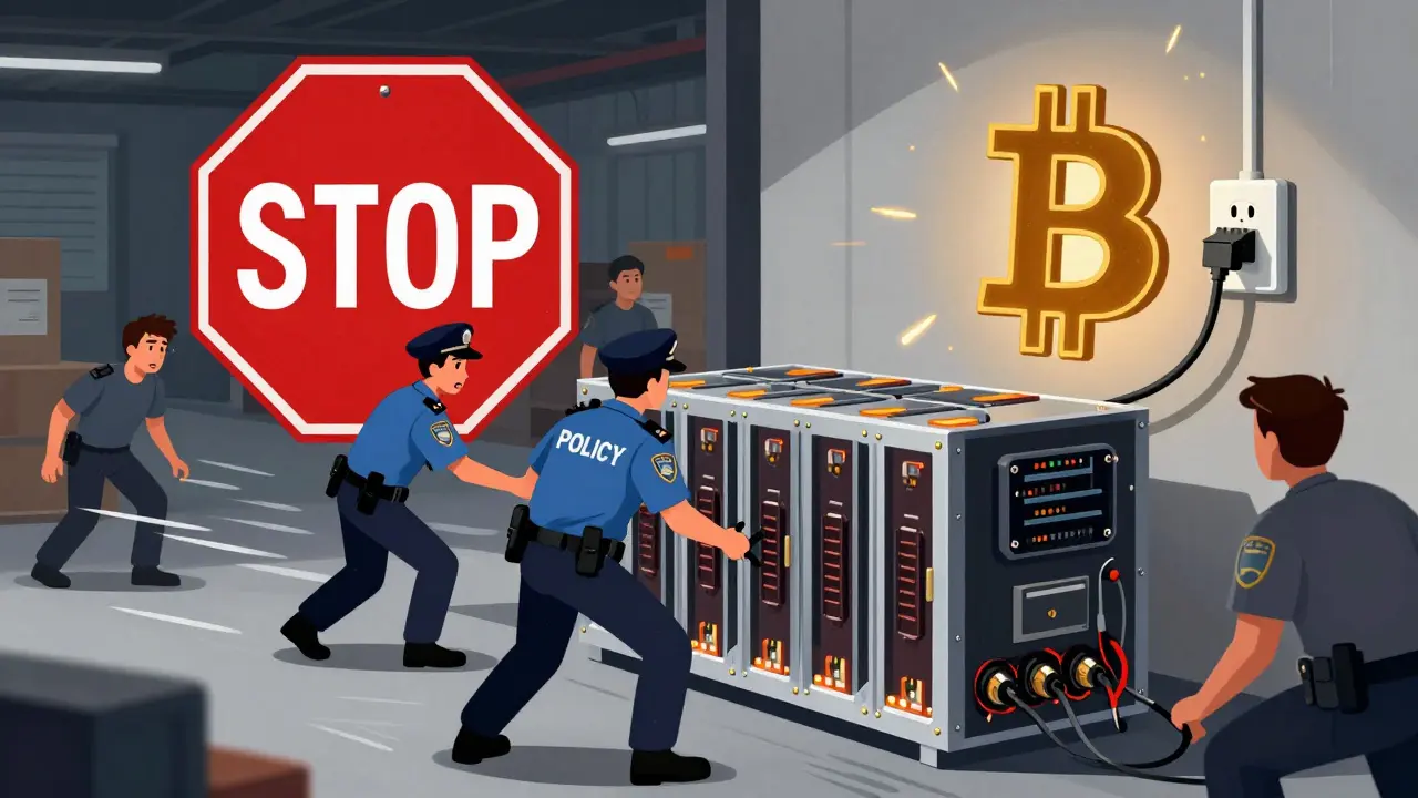 Police confiscating cryptocurrency mining equipment during the 2022 ban in Kosovo