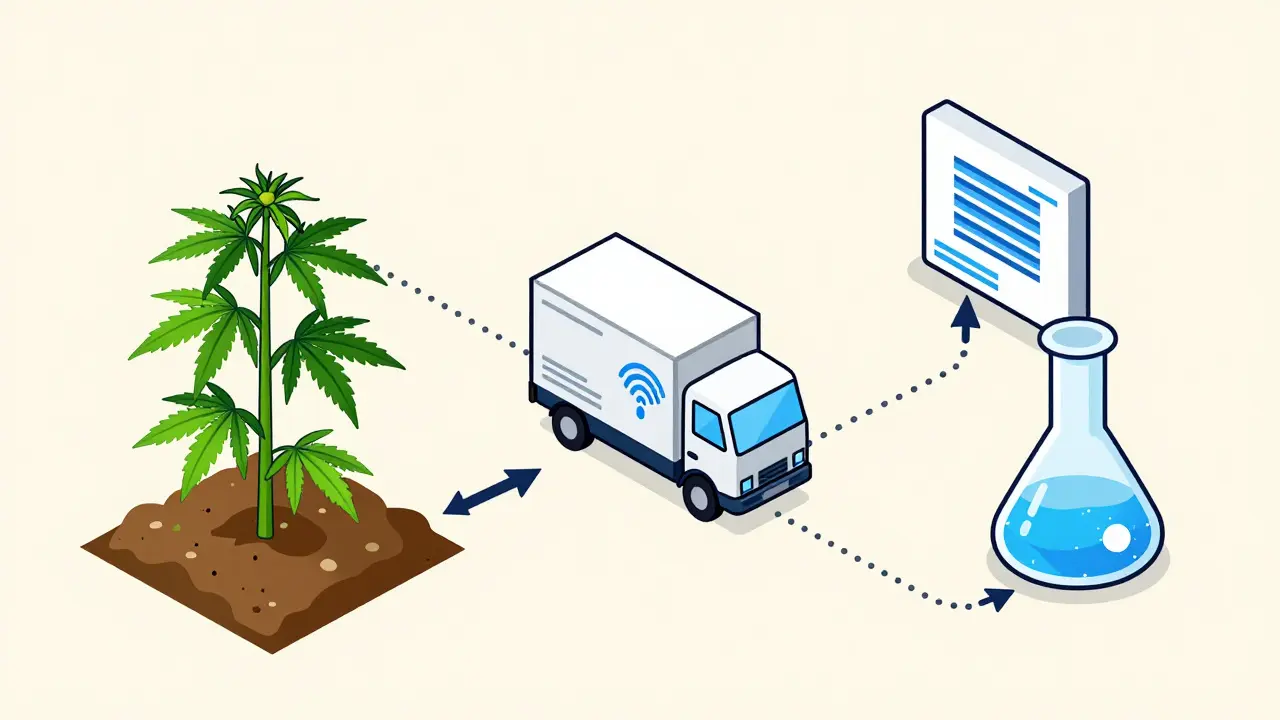 Schematic diagram showing cannabis supply chain from grow to lab