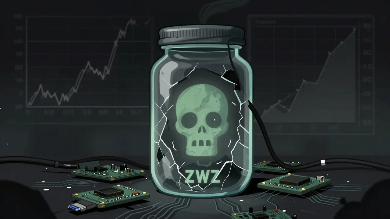 Schematic of a broken crypto token jar symbolizing project failure