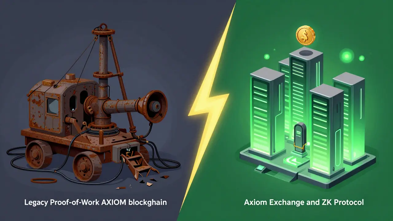 Split view of old mining rig vs modern servers