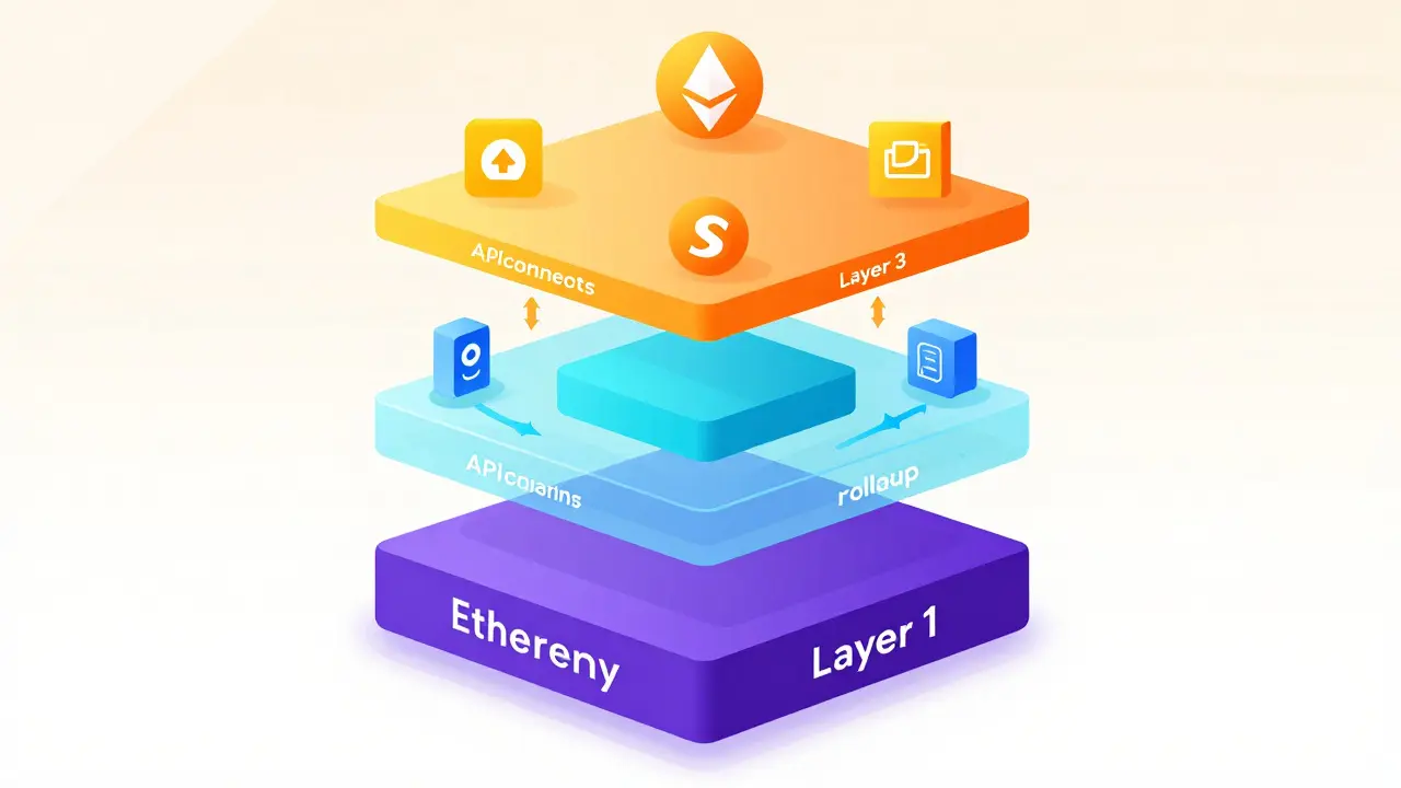 Technical cartoon diagram of Web3 Layers 1, 2, and 3 blockchain architecture stack.
