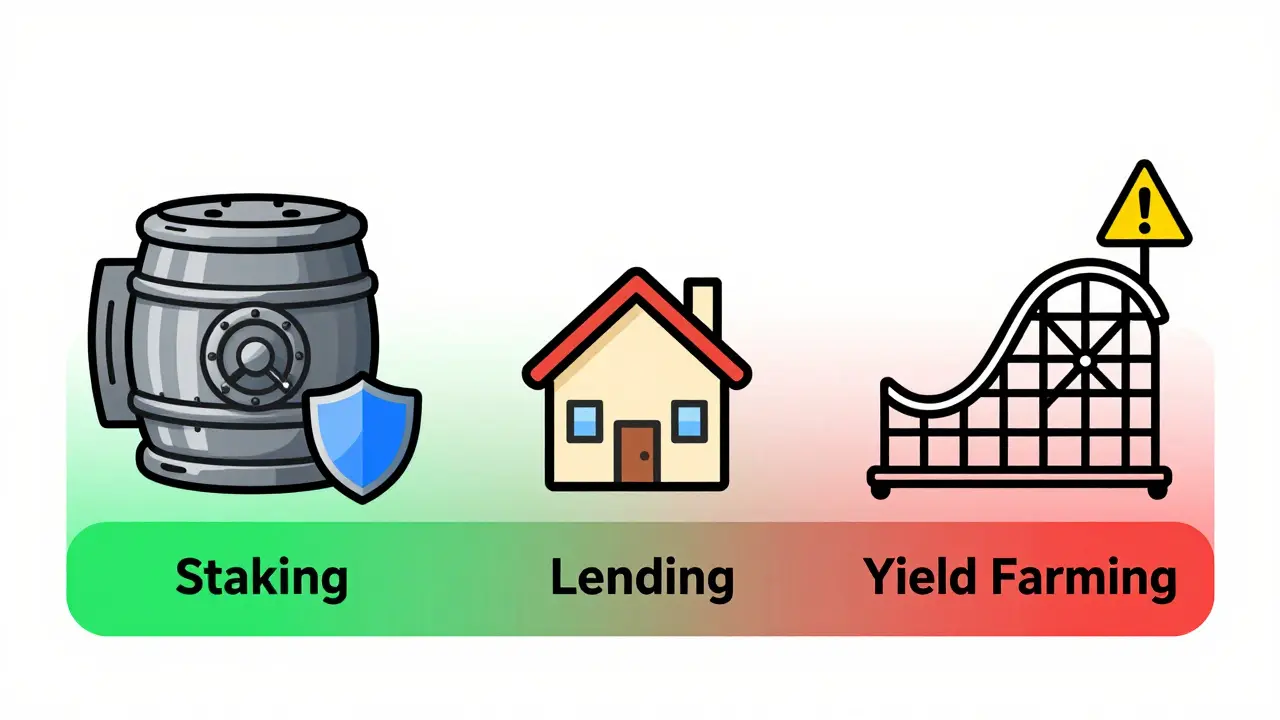 Technical illustration comparing risk levels of staking, lending, and farming
