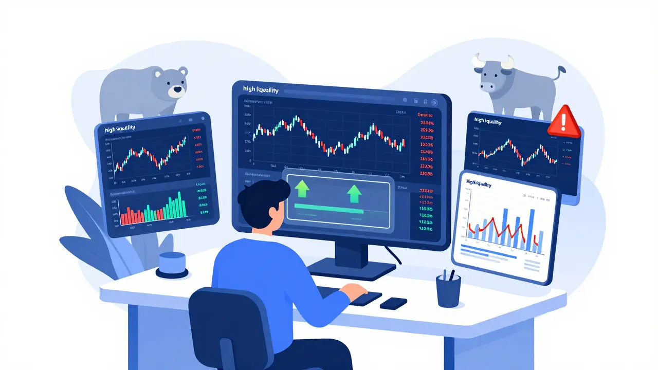 Trader reviewing liquidity metrics and market regime indicators on holographic screens.