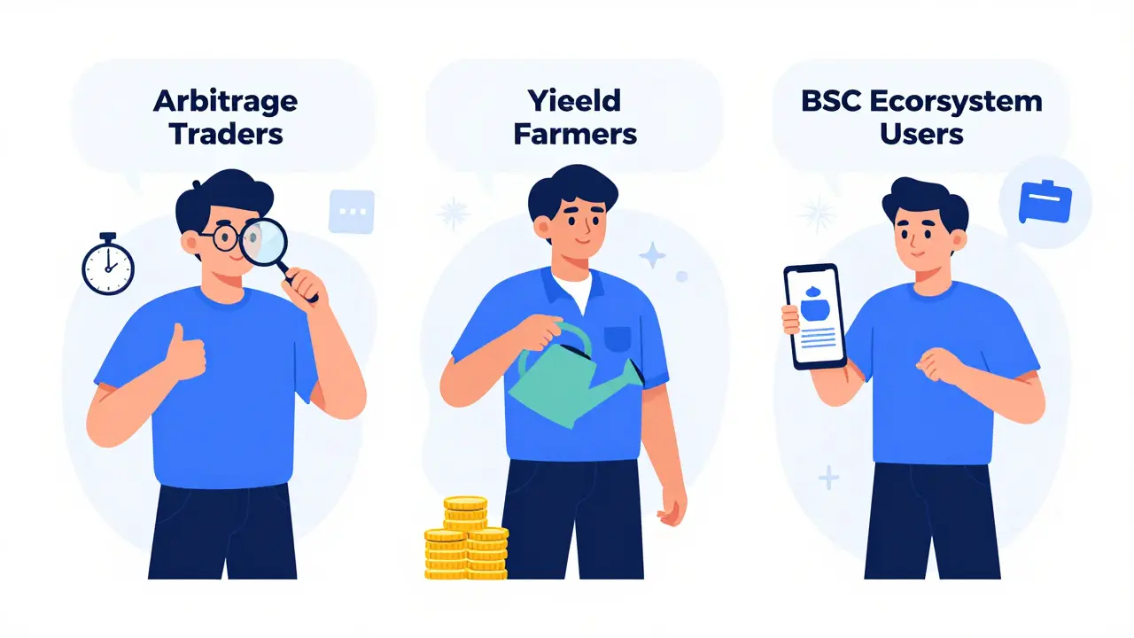 Cartoon characters representing arbitrage traders, yield farmers, and BSC users
