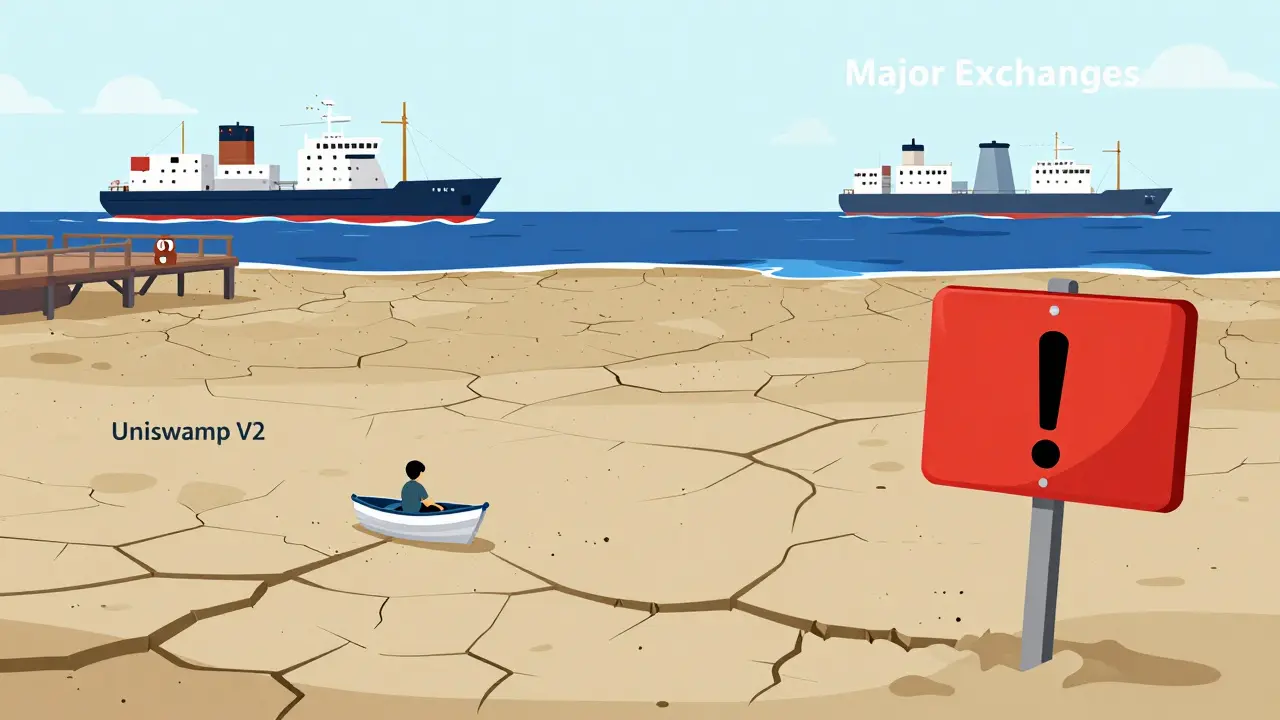 Cartoon depicting a trader stuck in a dry, low-liquidity crypto exchange harbor