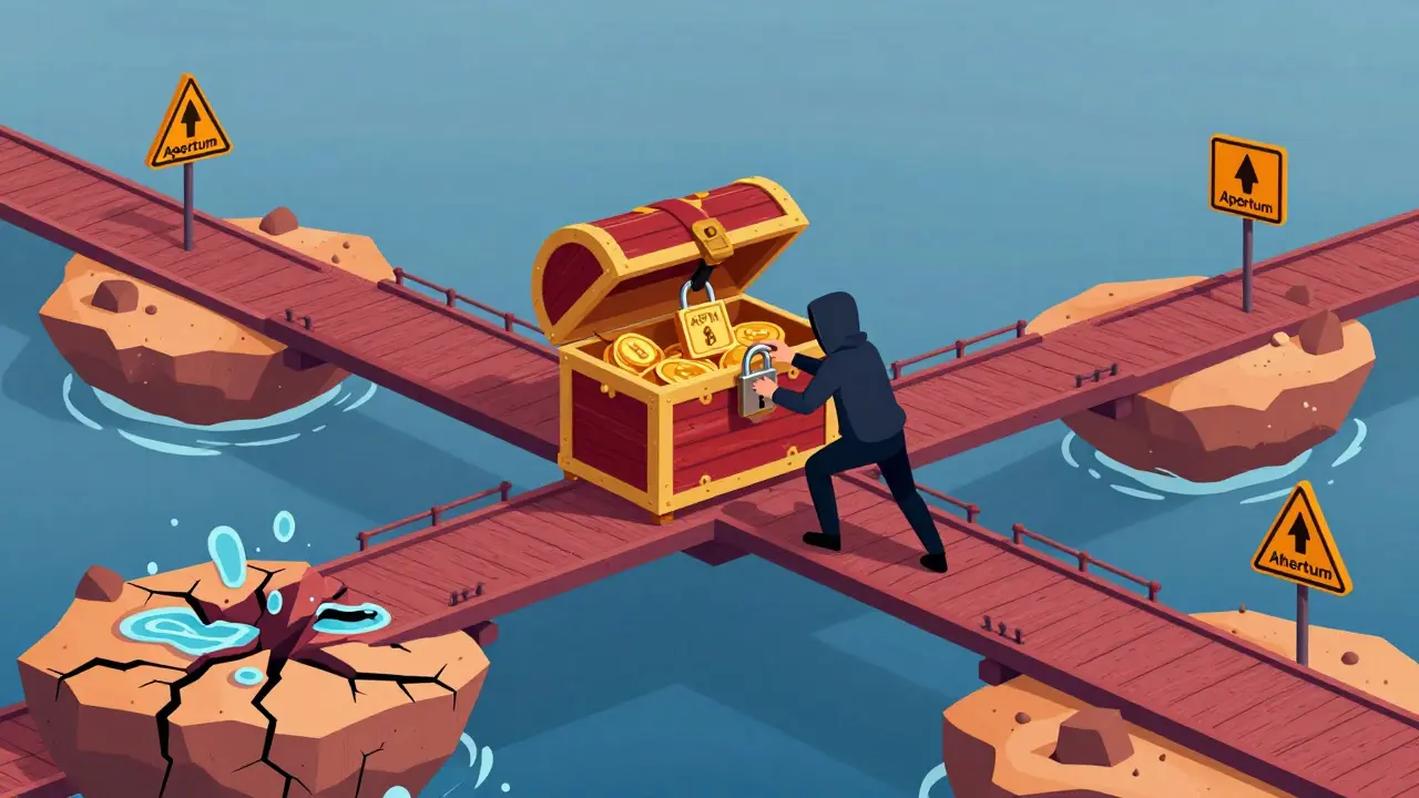 Cartoon depiction of bridge security risks with a hacker targeting locked crypto collateral.