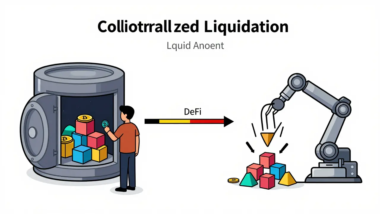 Diagram of DeFi collateralization showing crypto assets securing a loan with liquidation risk