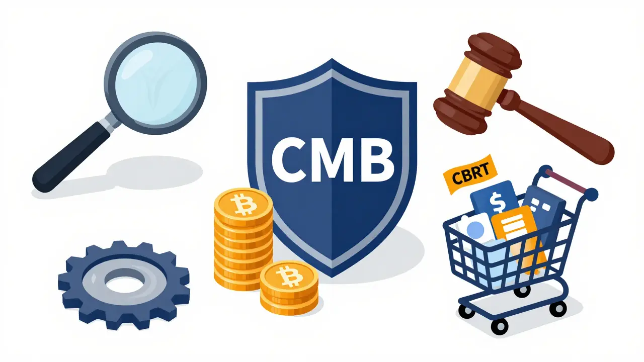 Diagram of Turkish crypto regulators CMB, CBRT, and MASAK roles
