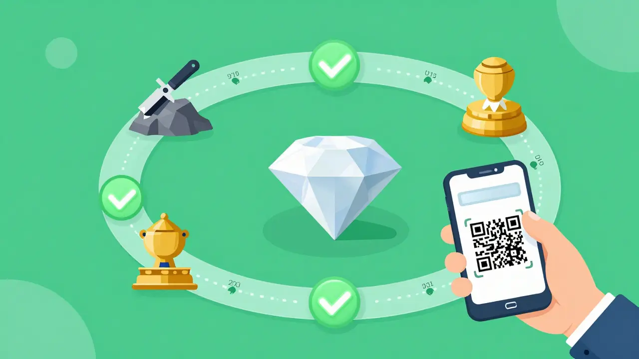 Diagram showing diamond supply chain tracking via blockchain verification