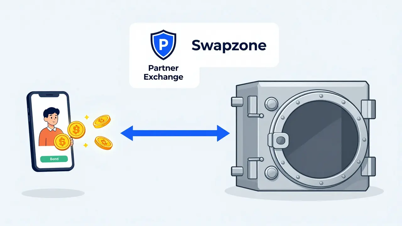 Diagram showing non-custodial crypto swap where funds bypass the platform to go directly to partner.