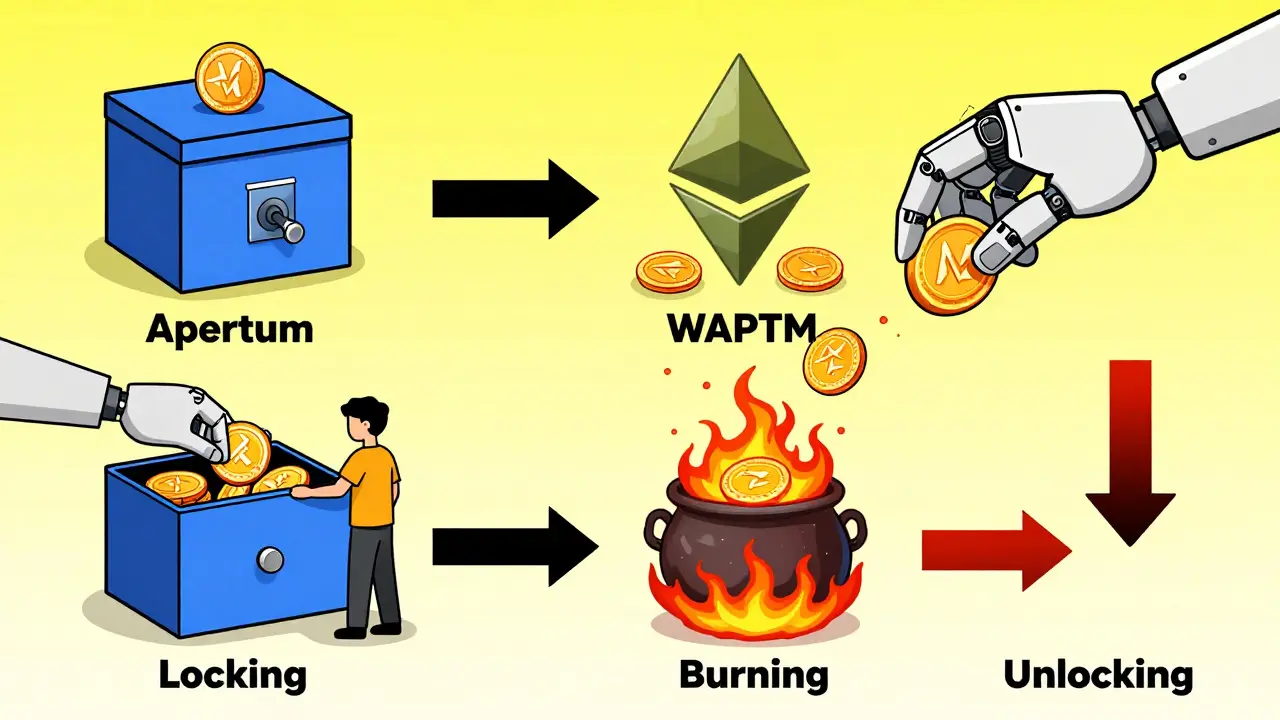 Diagram showing the process of locking APTM, minting WAPTM, burning, and unlocking assets.