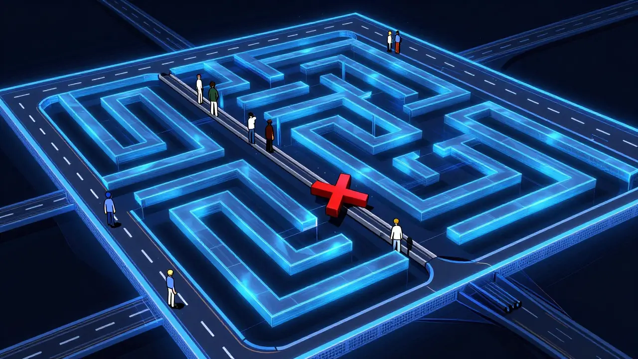 Digital maze showing narrow dead-end blockchain path