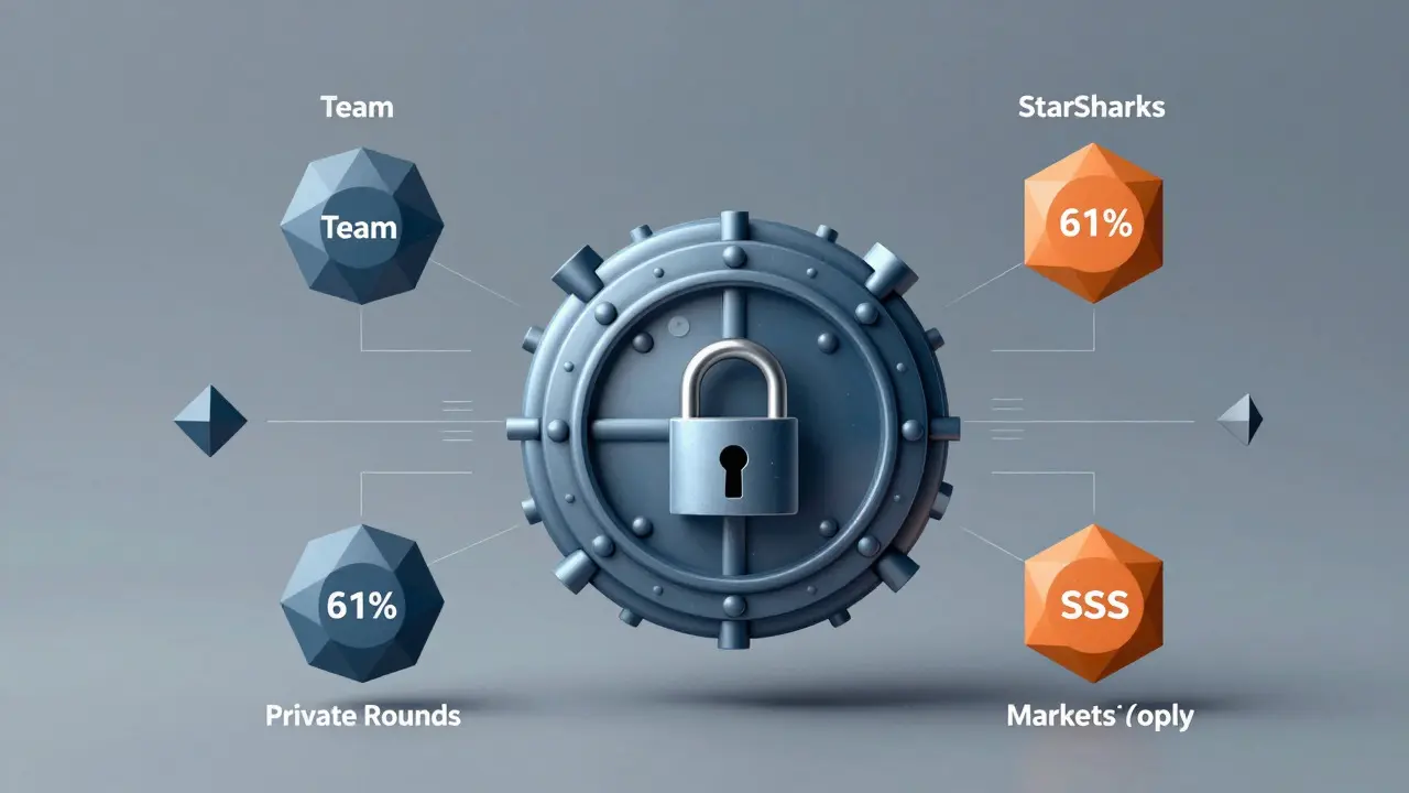 Exploded view schematic of StarSharks token allocation showing locked pools.