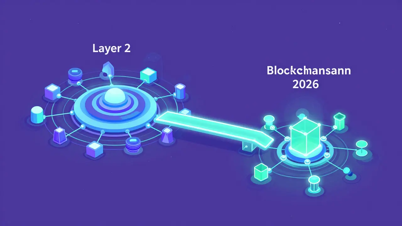 Futuristic illustration of converging blockchain networks in 2026