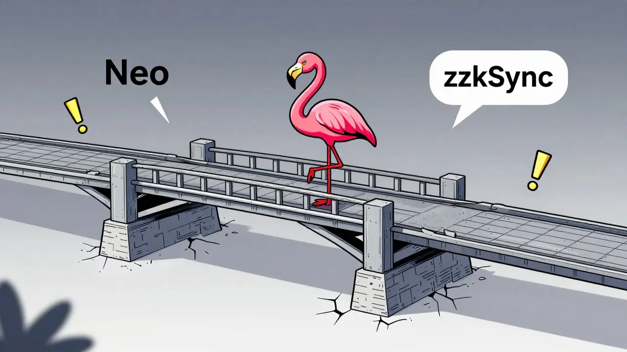 Illustration of a cracked cross-chain bridge linking Neo and zkSync blockchains