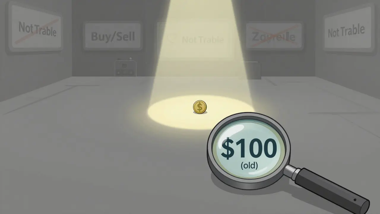 Illustration of a lonely coin in an empty market representing low liquidity