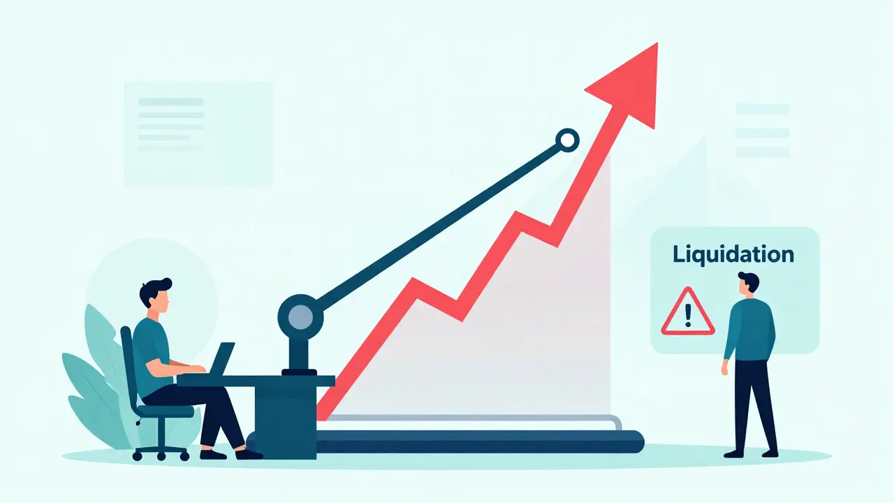Illustration of a trading lever amplifying price movements with risk warnings.