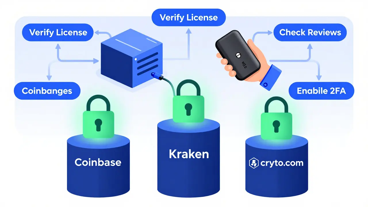 Illustration of safe crypto practices using regulated exchanges and hardware wallets