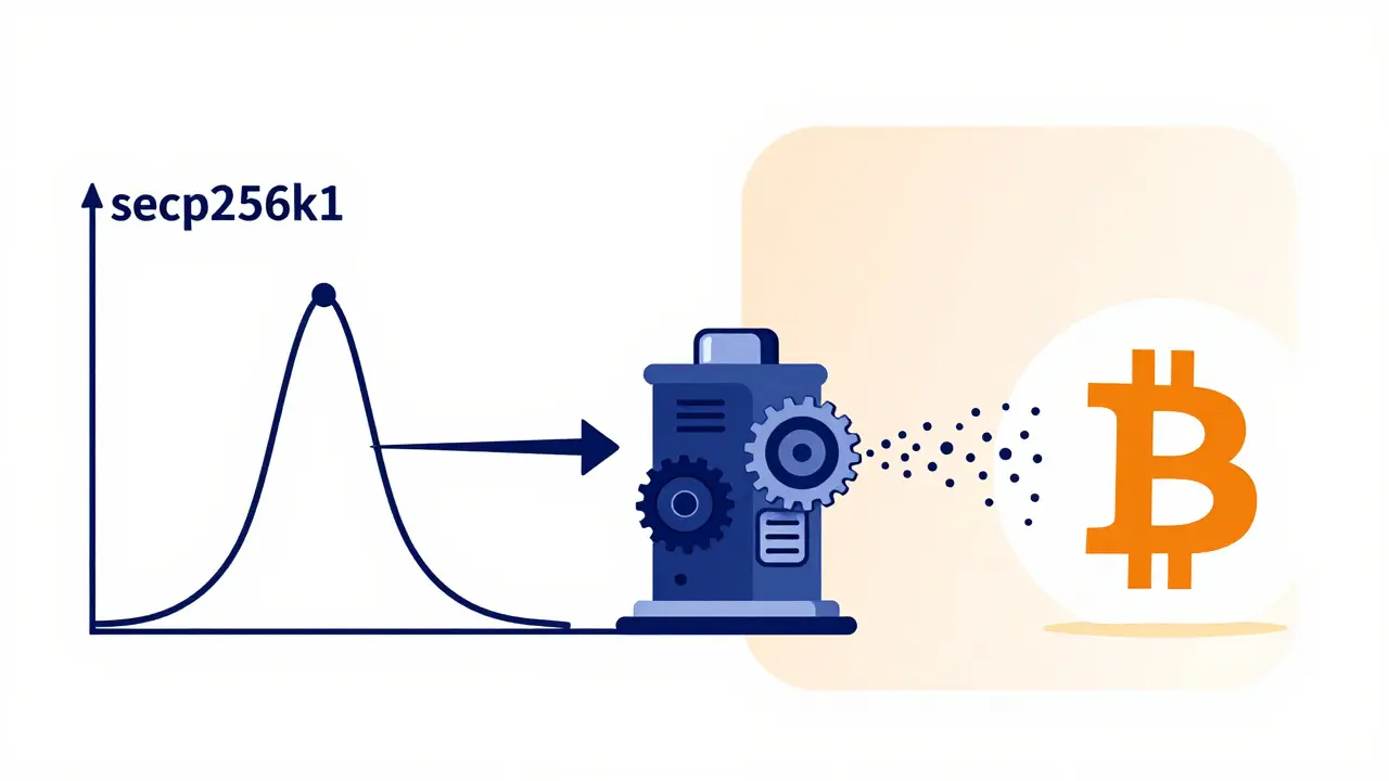 Illustration showing elliptic curve math transforming into a Bitcoin address