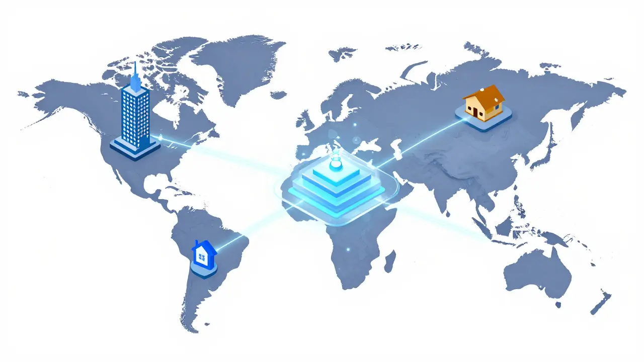Illustration showing global users accessing decentralized finance via a blockchain network