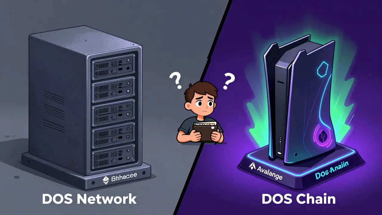Illustration showing the difference between DOS Network oracle and DOS Chain gaming projects